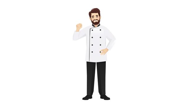 Full body cartoon chef man showing OK gesture, delicious taste expression and winking. Seamless loop animation on white background. Cooking and food concept