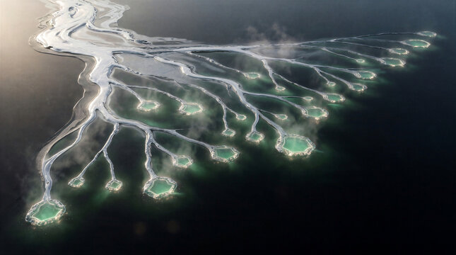 Liquid mercury river delta spreading across dark plane with glowing tributaries