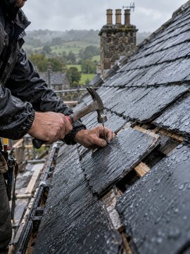 Trabajo de reparaci&oacute;n en el tejado bajo la lluvia