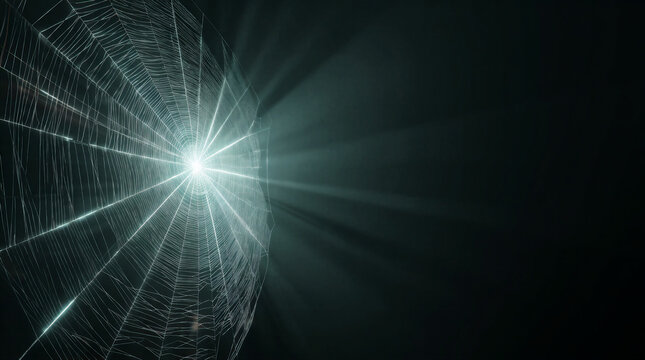 Instantaneous network response represented by a tensioned spider web snapping forward as a blazing laser thread
