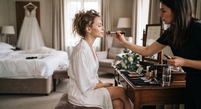 Professional makeup artist applying brush makeup to a beautiful bride getting ready in a hotel room.
