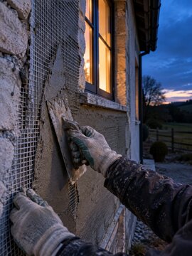 Trabajo de enlucido en una pared al atardecer