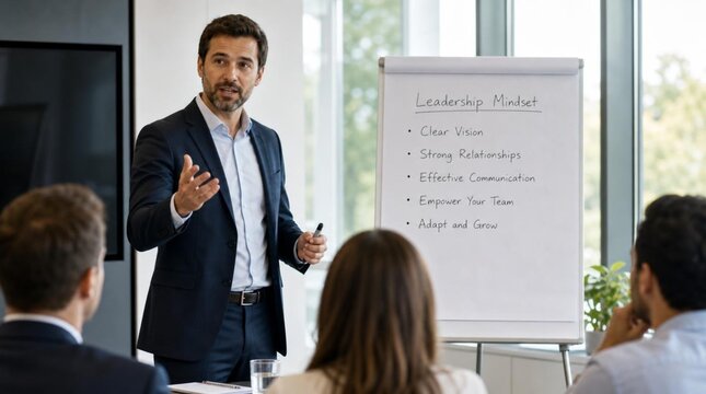Confident male business coach in dark suit giving leadership presentation beside flipchart with handwritten bullet points on clear vision, communication, empowering team in modern office