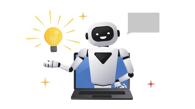 AI robot emerging from a laptop, smiling and pointing at a glowing light bulb. Artificial intelligence, innovation, technology and creative ideas. On white background