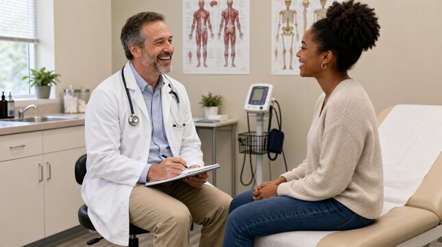 Happy middle-aged male general practitioner in white coat seated on rolling stool, laughing while conversing with female patient in medical examination room with anatomical posters