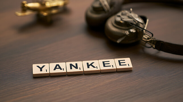 Wooden table with tiles spelling out the word yankee, accompanied by vintage audio headphones and a small decorative model object nearby
