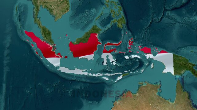 Animated Satellite Map of Indonesia Archipelago Highlighting Southeast Asia and National Flag - Southeast Asia Geographic Map Animation Highlighting Indonesia Archipelago and Ocean Region