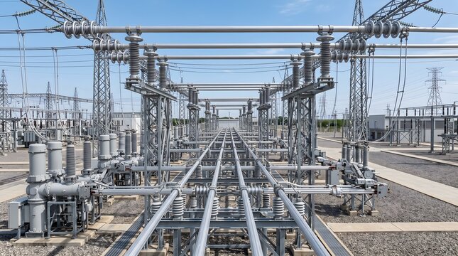 High voltage electrical substation with power grid infrastructure