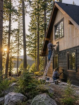 Trabajadores pintando una casa en un bosque junto a un lago al atardecer