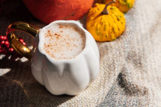 Warm drink in white mug on soft fabric with pumpkins and autumn decor