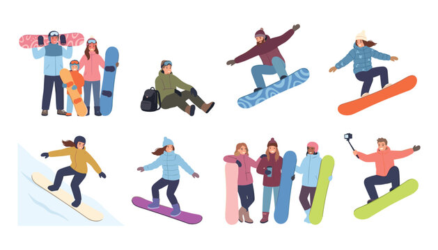 Snowboarders vector illustration collection featuring people snowboarding riding jumping and enjoying winter sports activities isolated on white