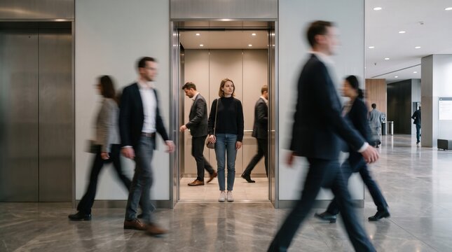 Busy professionals walking through a corporate office hall while a woman stands still inside an elevator lobby waiting to commute upstairs during a productive workday in a high rise building