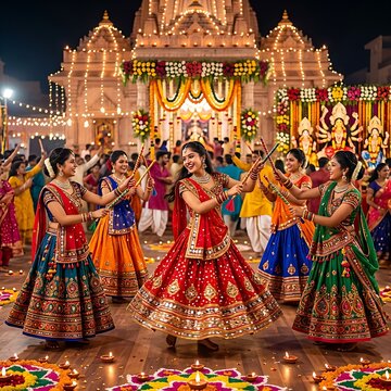 Vibrant cultural dance performance at ornate temple.
