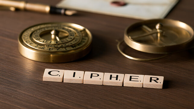 A vintage wooden table featuring a brass cipher decoding wheel, letter tiles spelling cipher, an old pen, and a compass for a mysterious v