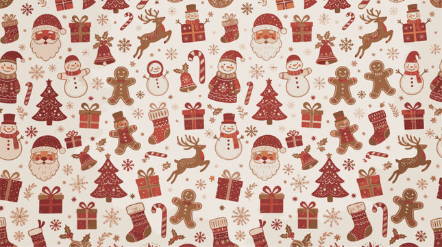 Merry Christmas Retro Christmas seamless pattern with traditional icons in red and beige vector design