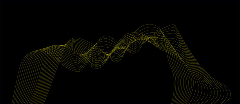 Abstract yellow wavy line pattern on black background featuring flowing light curves for digital design projects and futuristic technology visuals showcasing energy motion