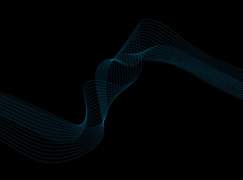 Elegant blue flowing wave pattern on dark background featuring multiple lines for professional design projects and modern digital art visuals showing soft light motion