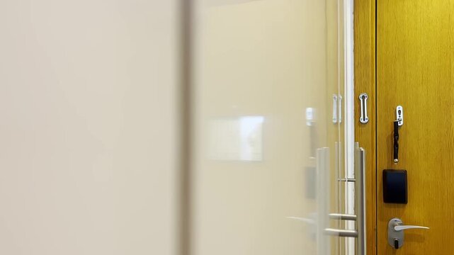Indoor office entrance corridor with frosted glass foreground and yellow wooden door showing metal handle, lock plate, key, and mounted access device under soft even light
