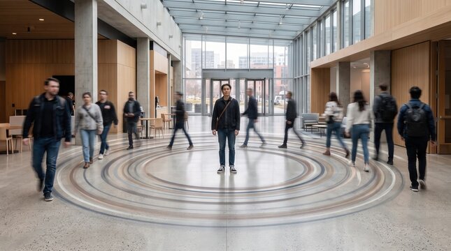 Diverse group of business people walking through a spacious commercial lobby with circular floor patterns while a man stands still in the center representing leadership amidst constant daily