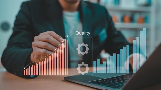 Professional businessman analyzing market growth trends with digital interactive charts for strategic business quality management and data performance analysis