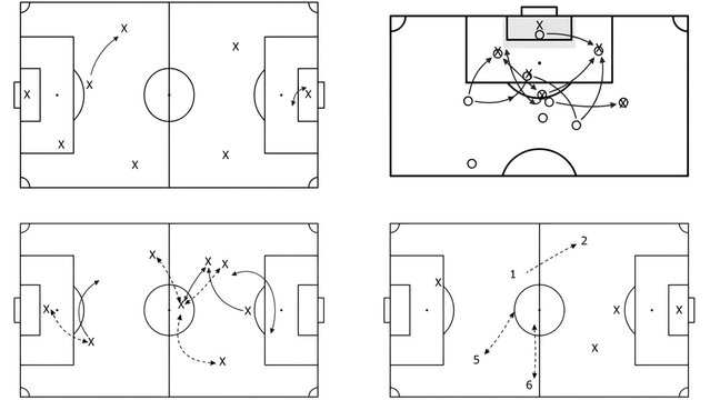 Tactical Soccer Football Team Plays Formation and Passing Drills on Field Diagrams