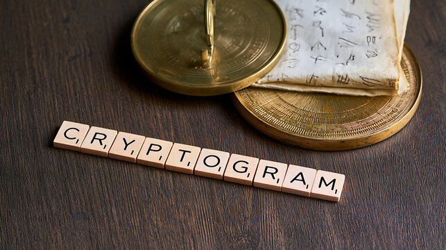 Cryptogram word spelled out with wooden letter tiles on a rustic dark wooden table background with brass weights and vintage paper artifacts