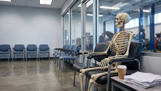 Skeleton Waiting in a Modern Office Reception Area
