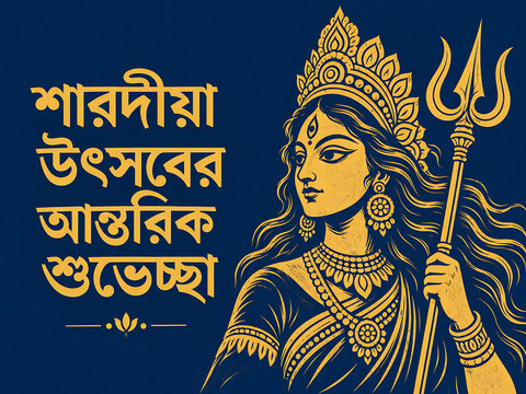Golden goddess durga illustration holding trident on deep blue background representing mahalaya devotion and durga puja festival greeting with bengali cultural art