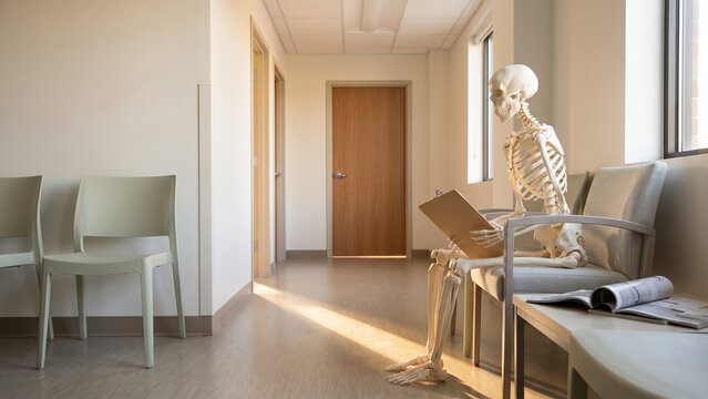 Skeleton Reading a Folder While Waiting in a Bright Hallway