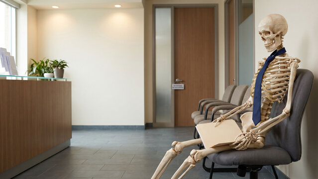 Skeleton in a Necktie Waiting in a Modern Office Lobby