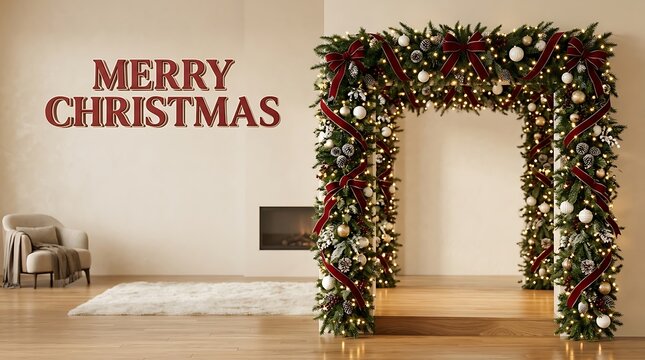 Merry christmas garland archway decorated with greenery and ornaments in a cozy room