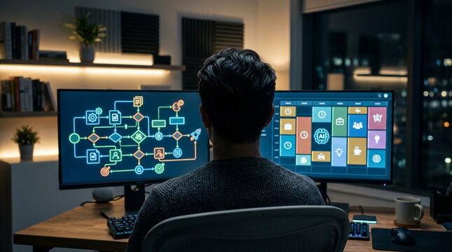 Man viewing complex flowchart and application interface on dual computer monitors