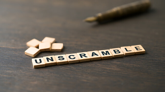 Wooden letter tiles spell the word unscramble on a dark brown textured wooden table next to extra pieces and a vintage fountain pen