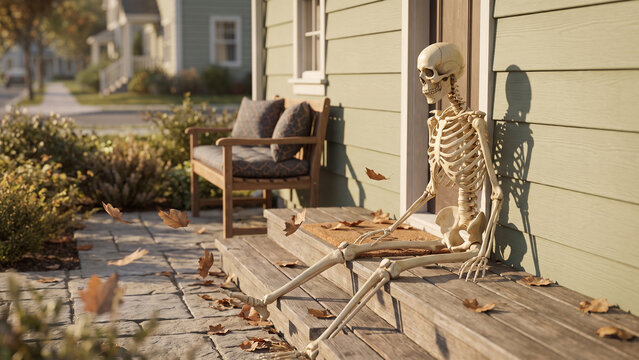 Skeleton Sitting on Porch Steps During an Autumn Wait