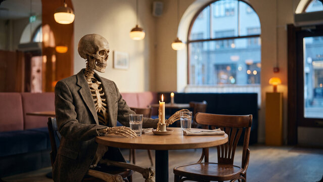 Skeleton in a Suit Waiting Alone at a Cafe Table