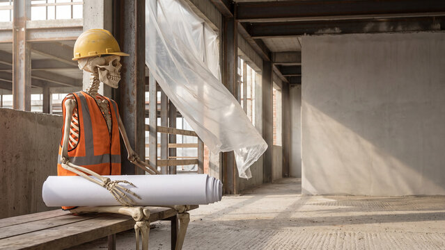 Skeleton in Safety Gear Holding Plans at a Construction Site