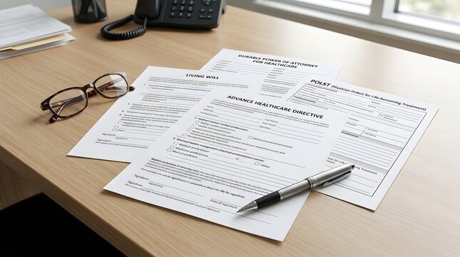 Senior Healthcare Planning Documents with Reading Glasses and Pen for Legal and Medical Preparation