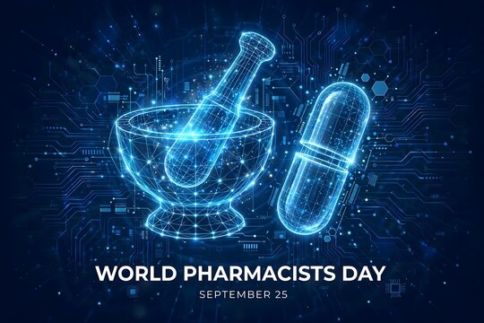 Modern digital illustration of mortar and pestle with capsule for world pharmacists day celebration