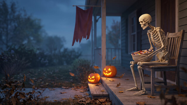 Skeleton Waiting on a Porch with Jack O Lanterns at Dusk