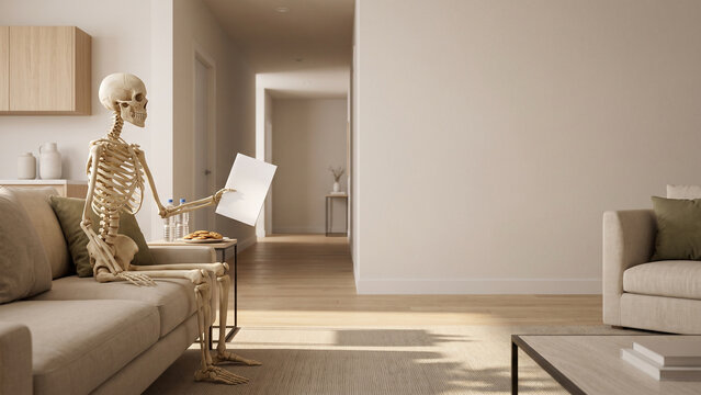 Skeleton Reading a Paper While Waiting in a Bright Living Room