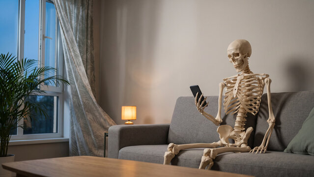 Skeleton Checking a Smartphone While Waiting on a Sofa