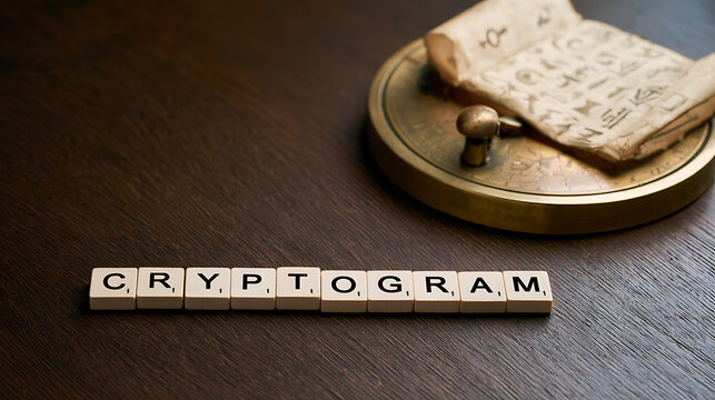 Cryptogram spelled with letter tiles on dark wood background with ancient cipher scroll and brass instrument for puzzle and code concept