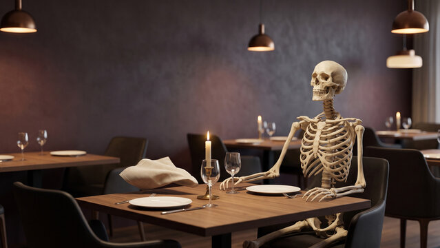 Skeleton Waiting at a Candlelit Restaurant Dinner Table