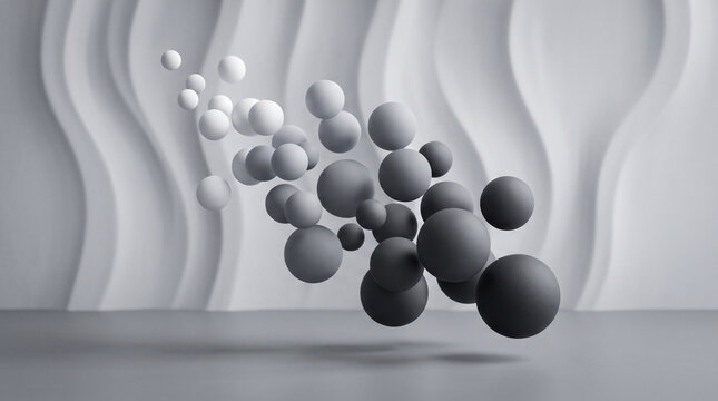 Abstract composition of floating spheres with varying shades of gray, creating a dynamic 3d depth effect against a wavy textured background
