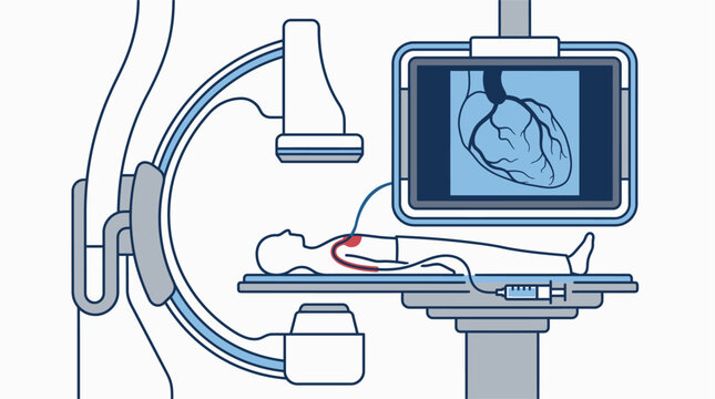 Vector illustration of a cardiac catheterization procedure. Patient is lying on the table while a C-arm fluoroscopy unit is imaging their heart displayed on a monitor.