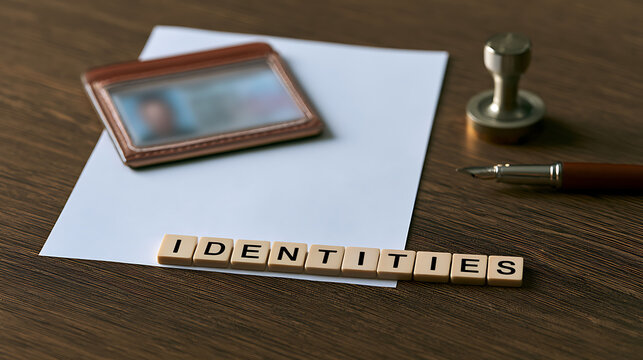 Identity card with document stamp and wooden letters spelling identities on a desk to represent official paperwork and verification process