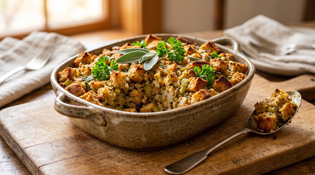 Stuffing in a baking dish for Thanksgiving dinner preparation  