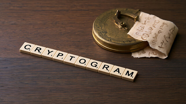 Cryptogram word spelled with game tiles alongside an antique brass navigational compass and a parchment note with secret code symbols