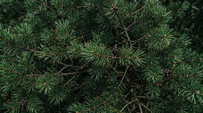 Closeup of dense green pine tree branches with small cones in a forest setting, showcasing natural evergreen foliage and intricate textures