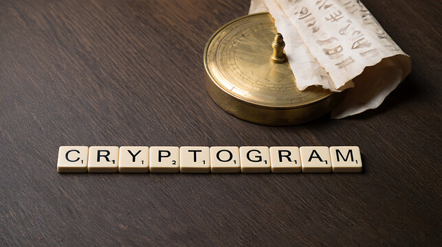 Cryptogram puzzle spelled out with game tiles next to an ancient brass decoder wheel and an old scroll on a dark wooden table surface